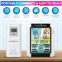 amiciSense Digital Weather Station, Outdoor/Indoor Temperature and Humidity Monitoring Device with Touch Screen and Clock Function image 2