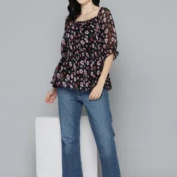 Mast & Harbour Floral Print Puff Sleeves Smocked Chiffon Peplum Top-picture-19