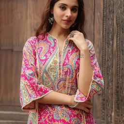 PRISCA Paisley Printed Notch Neck Panelled A-Line Kurta-image-37