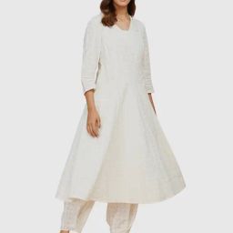 Fabindia White Cotton Printed A Line Kurta-image-7