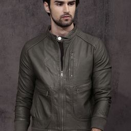 Roadster Men Grey Solid Biker Jacket-image-92
