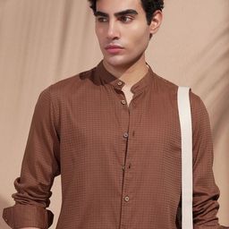 HIGHLANDER Slim Fit Textured Mandarin Collar Cotton Casual Shirt-image-35