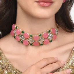 Zaveri Pearls Pink & Green Stones Ethnic Kundan Choker Necklace Earring & Ring Set-ZPFK13805-image-80