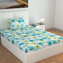 Divine Casa Floral Blend Cotton Single Bedsheet with 1 Pillow Cover - Turquoise & Green-25