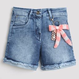 Tiny Girl Button Down Washed Denim Shorts With Bow Key Ring  - Light Blue-picture-38