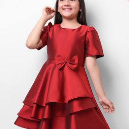 Hola Bonita Half Sleeves Satin Layered Party Dress With A Bow - Red-image-88