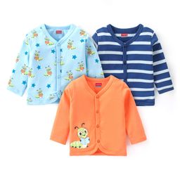 Babyhug 100% Cotton Knit Full Sleeves Front Open Vest Stripes & Caterpillar Print Pack of 3 - Orange & Blue-image-31