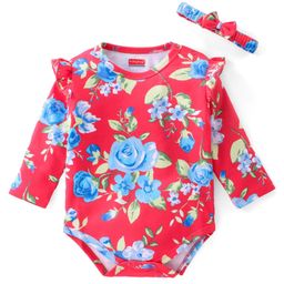 Babyhug 100% Cotton Full SleevesOnesie with Head Band Floral Print - Red-image-35