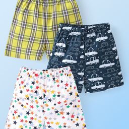 Babyhug Poplin Woven Boxers With Star & Car Print Pack Of 3 - White Blue & Green-image-37