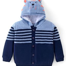 Babyhug Knitted Full Sleeves Front Open Hooded Sweater with Bear Design & Stripes - Navy Blue-image-27