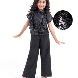 Hola Bonita Knit Sequinned Frill Sleeves Top and Glitter Pant Set - Black-picture-32