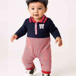 Kookie Kids Interlock Knit Full Sleeves T-Shirt Style Romper With Bear Patch - Navy Blue-image-101