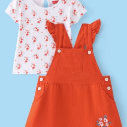 Babyhug Cotton Woven Half Sleeves T-Shirt With Frock Floral Print & Embroidery- White & Orange-image-5