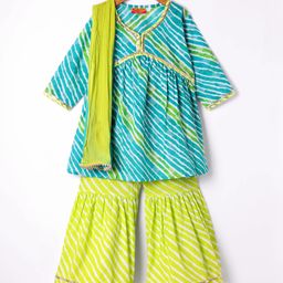 Exclusive from Jaipur Cotton Woven Three Fourth Sleeves Striped Kurta & Gharara with Dupatta - Light Green-image-27