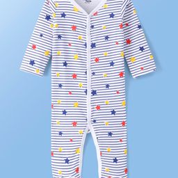 Doodle Poodle Cotton Knit Full Sleeves Footed Sleep Suit With Star Print- White-image-2