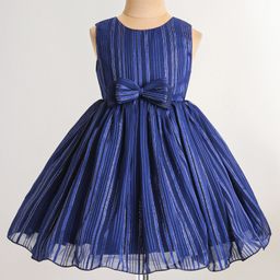 Babyhug Woven Sleeveless Fit & Flared Striped Party Frock with Bow Detailing - Blue-image-44