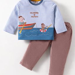 ToffyHouse 100% Knitted Cotton Full Sleeves Striped T-Shirt with Bear Embroidery & Solid Color Joggers Set - Brown & Blue-picture-17
