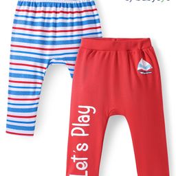Babyoye 100% Cotton Full Length Diaper Leggingswith Eco Jiva Finish & Stripe & Text Print Pack of 2 - Blue & Red-image-39