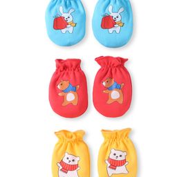 Babyhug 100% Cotton Knit Mittens with Bear Print Pack of 3 - Light Blue Red & Yellow-25