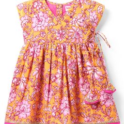 Babyhug Cambric Woven Sleeveless Ethnic Dress With Floral Print - Mustard-picture-11