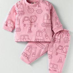 Zero Sinker Knit Full Sleeves Co-ords Night Suit with Vehicle Print - Pink-image-17