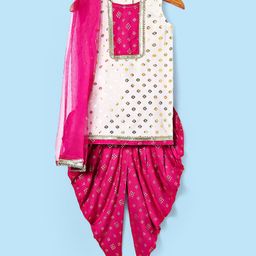 Saka Designs Silk Woven Sleeveless Kurta Salwar Set & Dupatta with Foil Print & Lace Detailing - Dark Pink & Golden-image-25