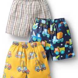 Babyhug Cotton Woven Above Knee Length Boxers With Checks & Construction Vehicle Print Pack Of 3 - Yellow Navy Blue & White-image-98