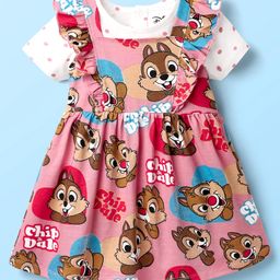 Babyhug Disney Single Jersey Knit Half Sleeves T-Shirt With Frock & Chip N Dale Print & Frill Detailing - White & Pink-image-76