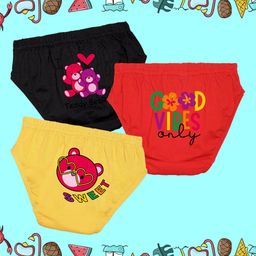 NUSYL Cotton Pack Of 3 Teddy Bear & Good Vibes Only Text Printed Panties - Black Red & Yellow-image-75