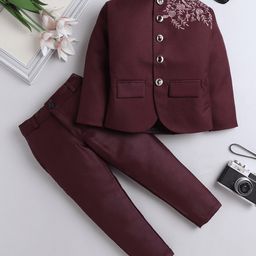 Fourfolds Full Sleeves Floral Embroidered Stones Embellished Blazer & Trousers Set - Wine-image-75