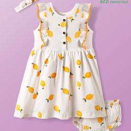 Babyoye Interlock Knit Sleeveless Tropical Theme Printed Frock With Bloomers & Headband - White-image-86