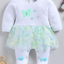 Wonderchild Knit Full Sleeves Floral & Bow Applique Detailed Sequins Embellished Textured Frock Style Romper - White & Sea Green-image-80