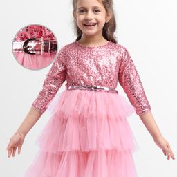 Hola Bonita Knit Three Forth Sleeves Partywear Glitter Mesh Dress With Sequin Yoke & Belt - Pink-picture-0