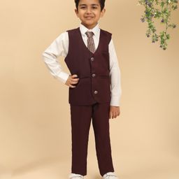 P-MARK Cotton Woven Full Sleeves Solid 3 Piece Party Suit Set With Abstract Printed Tie - Purple-image-50