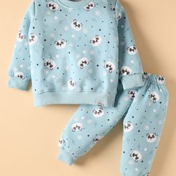Teddy Fleece Knit Full Sleeves Co-ords Winter Wear Night Suit With Animal Print - Light Blue-image-81