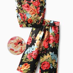 OLLINGTON ST. Georgette Woven Frill Sleeves Floral Printed Top & Culotte Pant Co-Ord Set With Belt - Black-picture-49