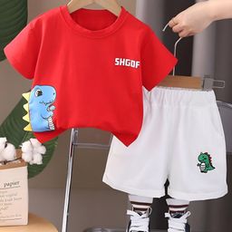 Googo Gaaga Cotton Woven Half Sleeves Dinosaur Printed Tee & Shorts Set - Red-image-16