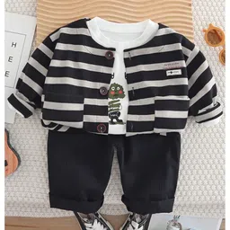 Googo Gaaga Cotton Knit Monster Printed Tee & Trousers With Full Sleeves Striped Light Winter Sweater Set - Black-picture-8