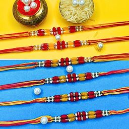 ORANGENYSHA Set Of 6 Beaded Cotton Thread Rakhis With Rholi Chawal-image-84