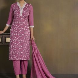 Anouk Women Striped Embroidered Cotton Kurta with Trousers & Dupatta-picture-24