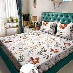 Myntra Elegant Homes Off White & Brown Floral Printed Fitted 300 TC Super King Bedsheet with 2 Pillow Covers-image-92