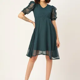 WISSTLER Puff Sleeve Georgette Fit & Flare Dress-image-15