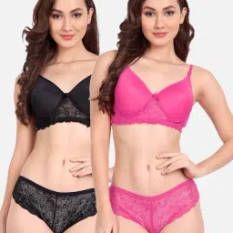 FIMS: Fashion is my Style Black & Fuchsia Lace Work Lingerie Set - Pack Of 2-image-86