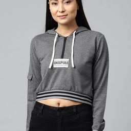Hubberholme Women Charcoal Grey Solid Hooded Cropped Sweatshirt-picture-12