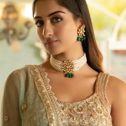 Bridal Kundan and Pearls Embellished Choker Set-15