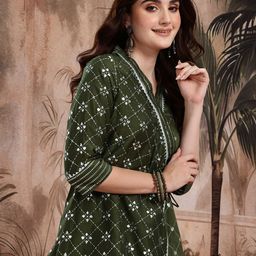 Sangria Geometric Foil Print Angrakha-Style Front-Open A-Line Kurta with Trousers-14