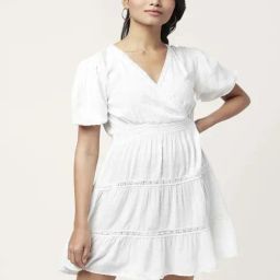 People by Pantaloons White Self Pattern A-Line Dress-image-55