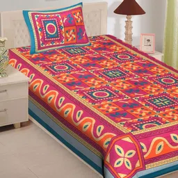 POORAK Orange & Blue Ethnic Motifs 104 TC Single Bedsheet with 2 Pillow Covers-image-92