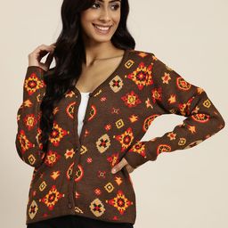 Sangria Women Coffee Brown & Red Ethnic Motifs Print Cardigan-picture-4