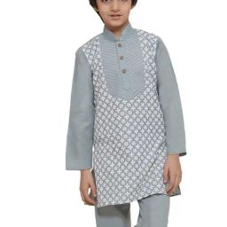 AJ Dezines Kids Grey & White Embroidered Full Sleeves Kurta-image-11